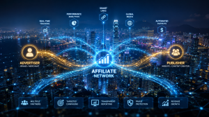 Affiliate marketing network connecting advertisers and publishers through real-time tracking, performance analytics, and revenue growth technology over a modern smart city skyline at night.