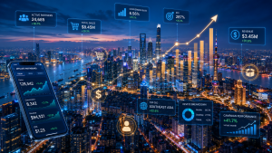 Affiliate marketing analytics dashboard with revenue growth, conversion tracking, ROI metrics, and mobile performance data displayed over a modern smart city skyline, illustrating the future of digital marketing and e-commerce growth.